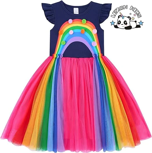 LEZONKIDS - OEM Customizable Tulle Lace Dress Colorful Small Balls Short Sleeve Layered Ruffles Kids Girls Dresses for 2-14Y Children
